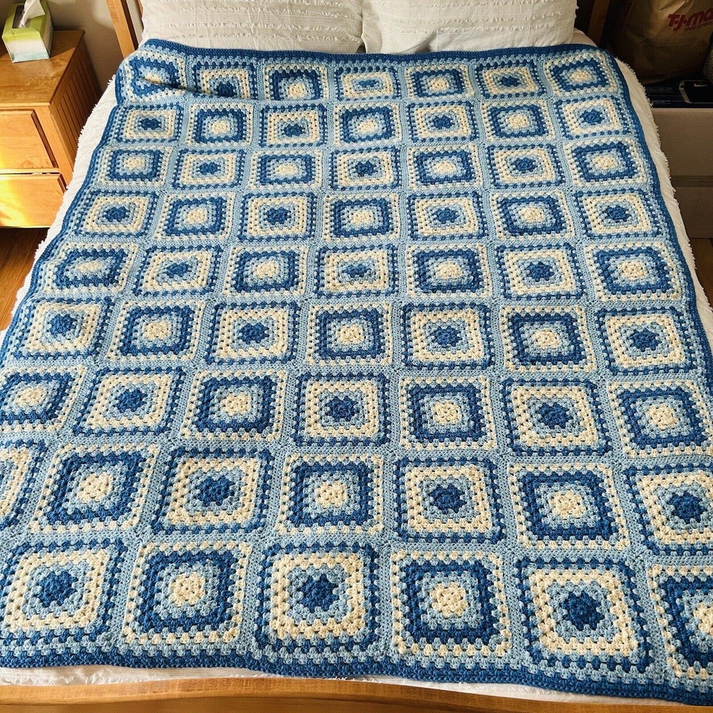 Granny Square Afghan Crochet Handmade Blue White 56x72 Blanket